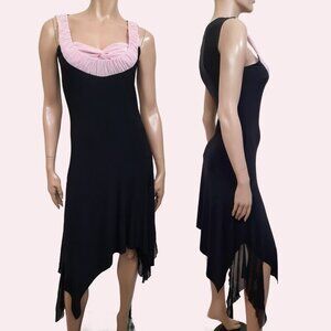 Y2K Black Asymmetric Midi Dress Size M pink Mesh Trim Fairy Goth
